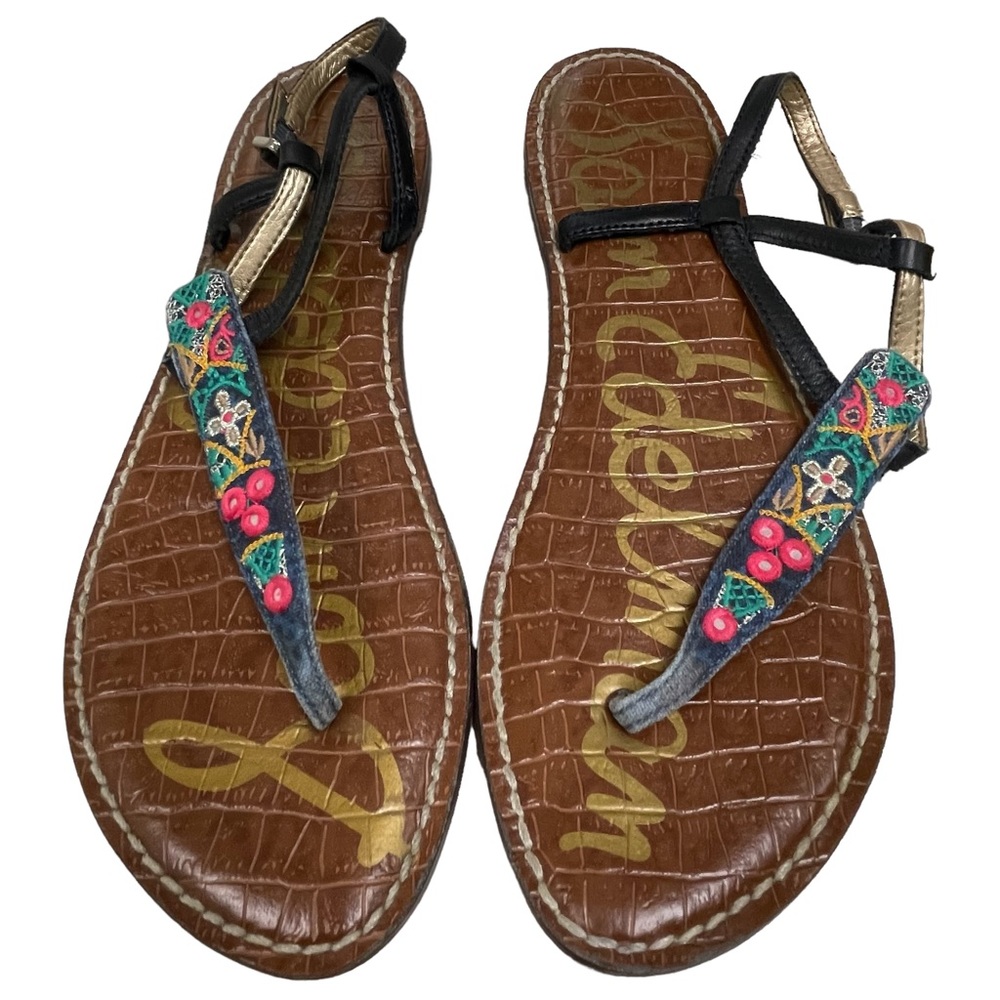 NWOT Sam Edelman embroidered, mirrored strap thong sandals gold buckle. Sz8